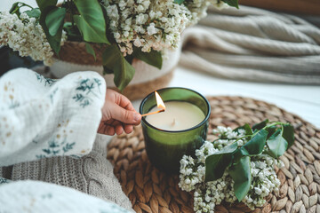 Match in hand lighting candles, aesthetics