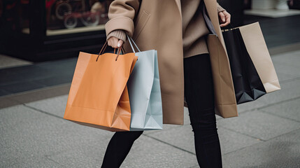 Happy shopping Unrecognizable woman in Brown coat holding bags