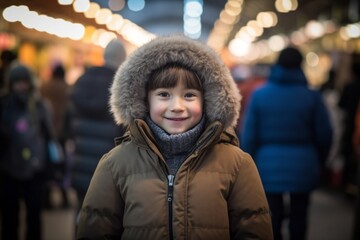 Medium shot portrait photography of a grinning kid female wearing a warm parka against a bustling outdoor bazaar background. With generative AI technology
