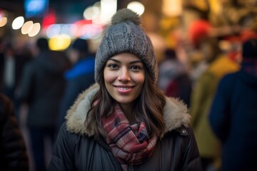 Lifestyle portrait photography of a glad girl in her 30s wearing a cozy winter coat against a bustling outdoor bazaar background. With generative AI technology
