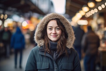 Fototapeta premium Lifestyle portrait photography of a glad girl in her 30s wearing a cozy winter coat against a bustling outdoor bazaar background. With generative AI technology