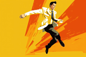 Fototapeta na wymiar Race Against Time: Hypermodern Graphic Illustration Depicting a Businessman in Motion, Throwing Up, Against a Backdrop of Light Yellow and Dark Orange. Generative AI