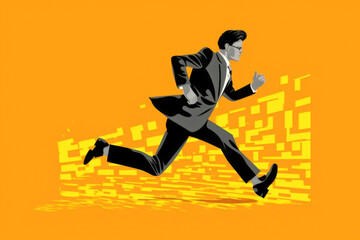 Fototapeta na wymiar Race Against Time: Hypermodern Graphic Illustration Depicting a Businessman in Motion, Throwing Up, Against a Backdrop of Light Yellow and Dark Orange. Generative AI