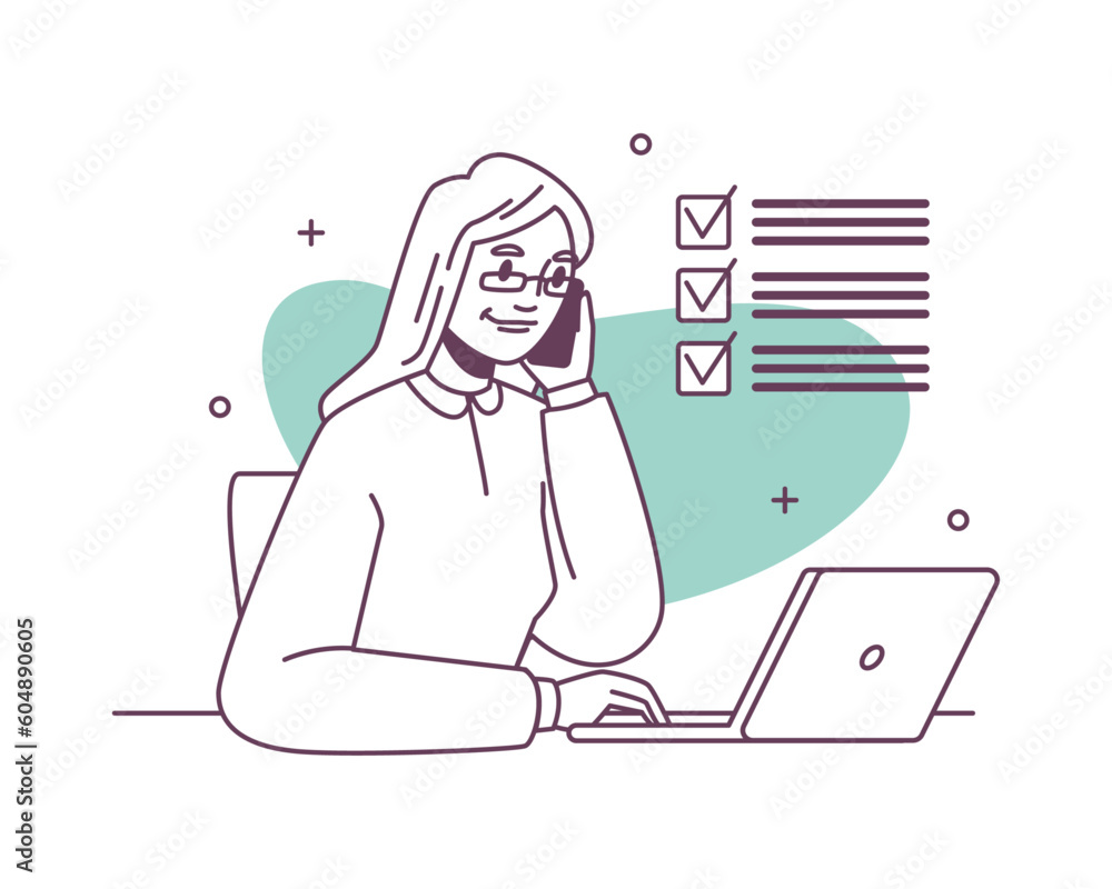 Poster customer service call center worker with laptop, done task marks. vector illustration of woman speak