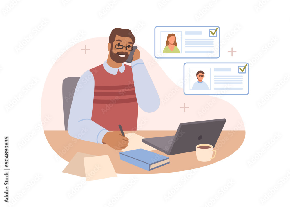 Poster job interview conversation hr manager and employee candidates, man sitting at table with computer an
