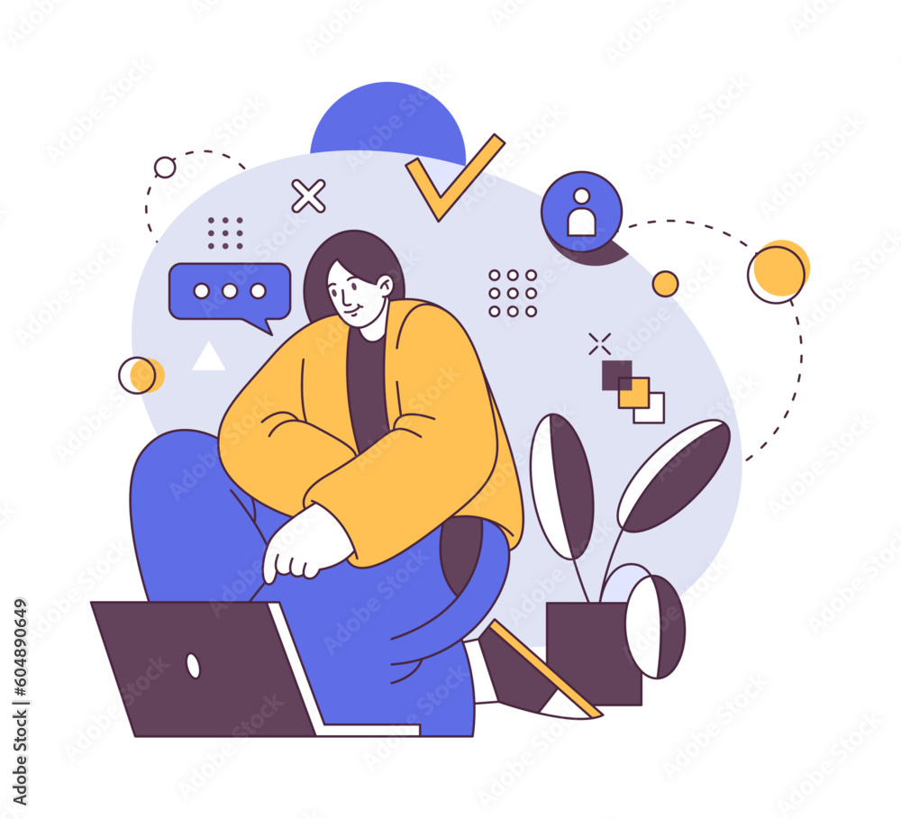 Poster online job on computer, freelancer in home clothes flat cartoon character. vector illustration of pr
