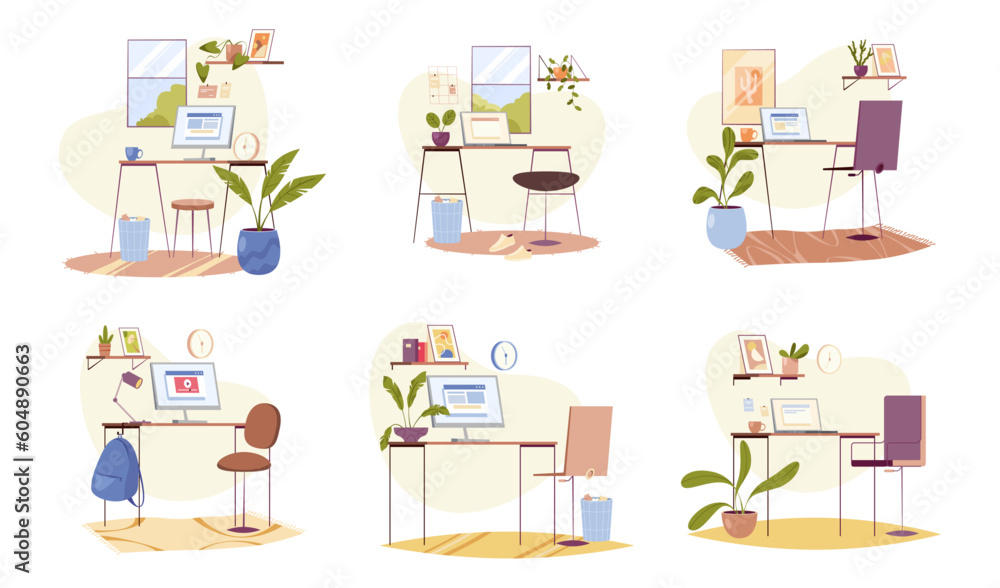 Leinwandbilder set of office tables with computers and chairs, set of workplaces in flat cartoon style. vector illu