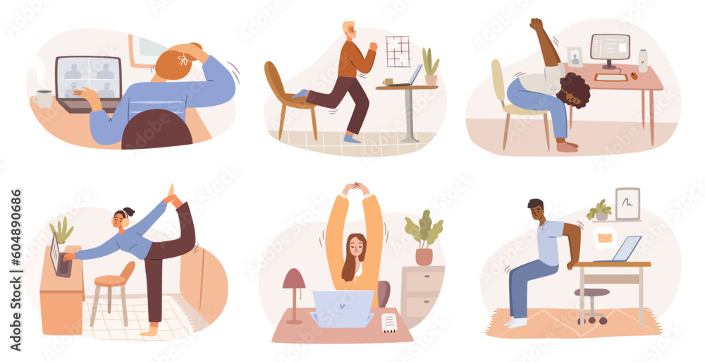 Aufkleber stretch at workplace, people doing small exercises at work to get rest and relaxation. vector man an