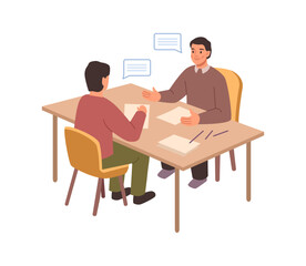 Job interview conversation at big table flat cartoon illustration. HR manager and employee candidate met and talked. People sitting and discussing careers. Business or human resource concept