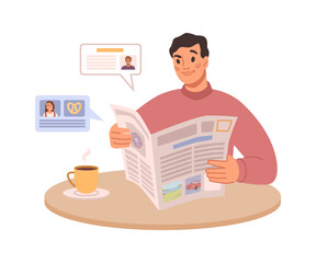 Man reading morning newspaper, media information. Person read magazine sources, vector illustration. News informative broadcast male, flat cartoon character sitting at table with cup of coffee
