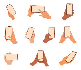 Hands holding mobile phones with empty screen, flat cartoon set isolated on white. Fingers touching, tapping, scrolling smartphone screens. People handling with cell phones. Vector illustration