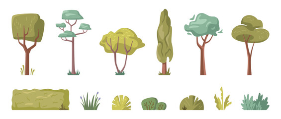Forest trees, hedges and bush flat cartoon vector illustration icons set. Spring or summer forest trees and other green elements, foliage, bush, hedges for park and garden architecture