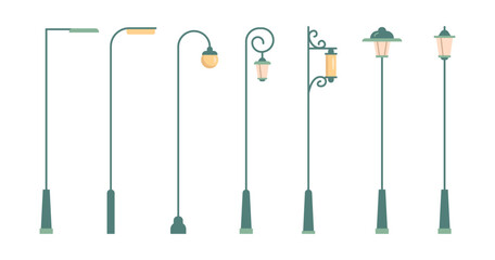 Lighting outdoor garden urban lamps, courtyard illumination metal lanterns. Flat cartoon vector illustration of outside or inside street or road lighting design elements, pillar lamp