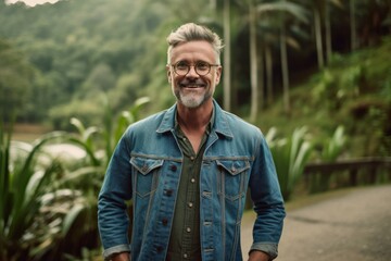 Naklejka na ściany i meble Lifestyle portrait photography of a happy mature man wearing a denim jacket against a scenic tropical rainforest background. With generative AI technology