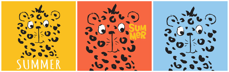 Leopard cool summer t-shirt print set. African animal with slogan. Hellow summer. Gipard beach - 604890846