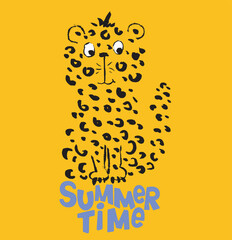 Leopard cool summer t-shirt print. African animal with slogan. Summer time. Gipard beach funny