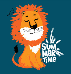 Lion cool summer t-shirt print. African animal with slogan. Enjoy summer time. Lev beach funny