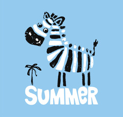 Zebra cool summer t-shirt print. African animal with slogan. Beach funny child wear illustration. Vacation.