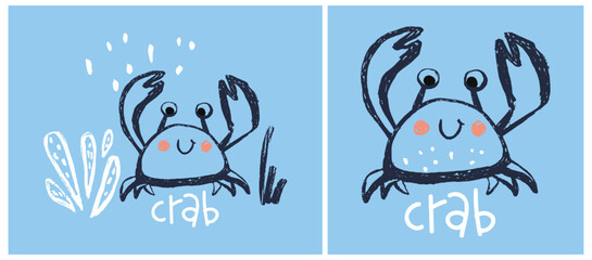 Crab cool summer t-shirt print set. African animal with slogan. Sea beach funny child wear illustration. - 604890882