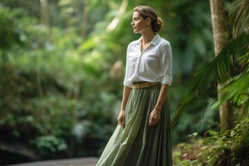 Environmental portrait photography of a glad mature woman wearing an elegant long skirt against a scenic tropical rainforest background. With generative AI technology - obrazy, fototapety, plakaty