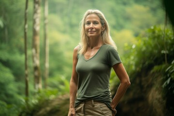 Fototapeta premium Environmental portrait photography of a satisfied mature woman wearing breezy shorts against a scenic tropical rainforest background. With generative AI technology