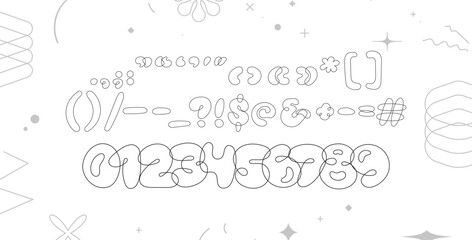 Bubble font. Inflated shape numbers and punctuation set. Graffiti style. Y2K trendy style.