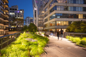 New York City Highline promenade in evening with grasses and vegetation. Chelsea, Manhattan - 604891497