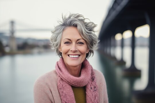 Lifestyle portrait photography of a grinning mature woman wearing a chic cardigan against a picturesque bridge background. With generative AI technology