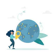 Global business expansion, open branches of the company, franchise in a new location, the concept of a growing business around the world. Businesswoman puts a mark on the map.
