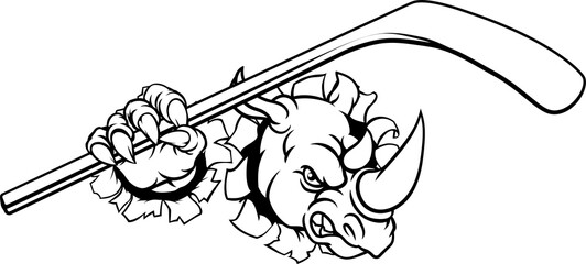 Rhino Ice Hockey Player Animal Sports Mascot