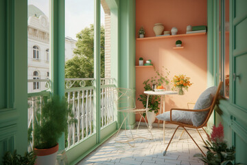Modern cozy balcony, classic interior design with light coral, green and white colors. Super photo realistic background, generative ai illustration