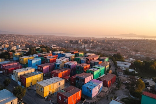 city of container houses containers with doors at sunset in turkey for the homeless, ai generation