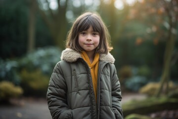 Fototapeta na wymiar Environmental portrait photography of a satisfied kid female wearing a cozy winter coat against a peaceful zen garden background. With generative AI technology