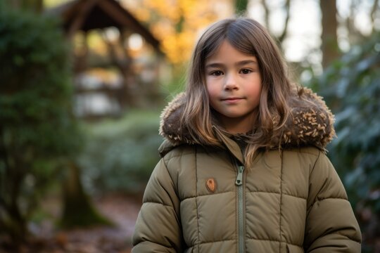 Environmental portrait photography of a satisfied kid female wearing a cozy winter coat against a peaceful zen garden background. With generative AI technology