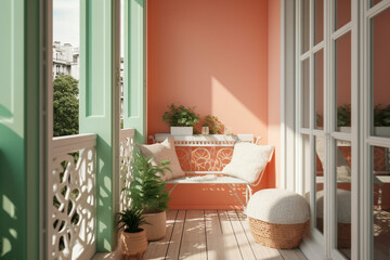 Modern cozy balcony, classic interior design with light coral, green and white colors. Super photo realistic background, generative ai illustration