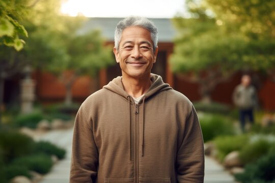 Medium shot portrait photography of a happy mature man wearing a cozy zip-up hoodie against a peaceful zen garden background. With generative AI technology