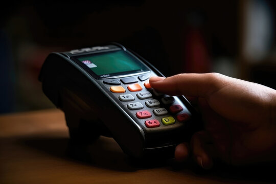 Securing Transactions: Close-Up Photography of a Digital Payment Terminal with a Finger Entering a Credit Card Code. Generative AI