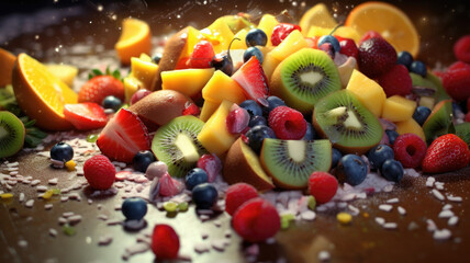 Fototapeta na wymiar fruit salad spilling on the floor was a mess of vibrant colors and textures. Generative Ai