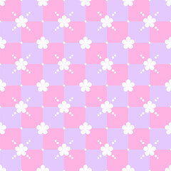 In this seamless pattern, arrange white flowers decorated with white dots around the flowers, and placed on the diagonal table background alternate pastel pink and pastel purple in a beautiful order.