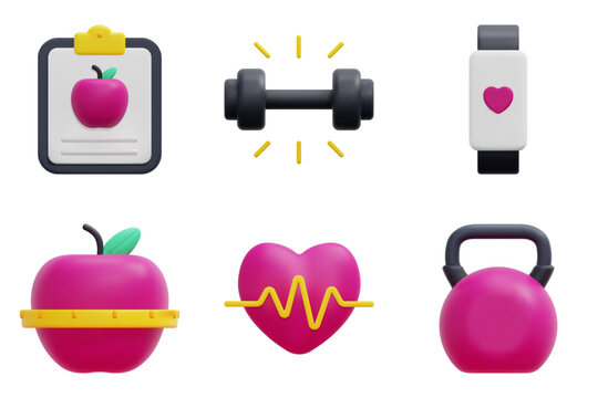 Fitness 3d vector icon set. Diet, dumbbell, fitness watch, healthy, heartbeat, kettlebell. Isolated on white background. 3d icon vector render illustration.