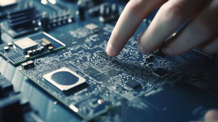 Electronic engineer hand putting computer chip on socket. Chipset on electronic circuit board of PC mother board. CPU chip. Electronic components. Computer hardware. Upgrade computer processor chip.