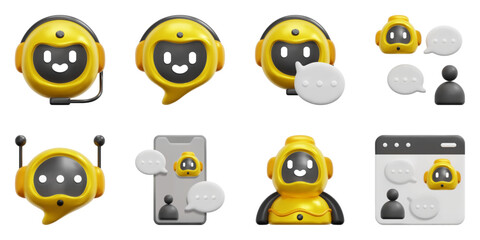 Chatbot 3d vector icon set. Bot, chat, chatbot, conversation, message, mobile, robot, web. Isolated on white background. 3d icon vector render illustration.