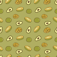 Seamless pattern with ripe mango cut in half and avocado. Green background. Vector illustration hand drawn doodle. Sweet fruit, summer vitamin, vegetarian. Print for wrapping or paper, fabric
