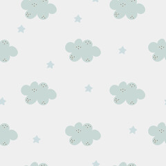 Seamless pattern of blue clouds. Excellent design for creating fabrics for children