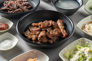 Pork ribs, makguksu, beef ribs, Korean beef sashimi,noodles