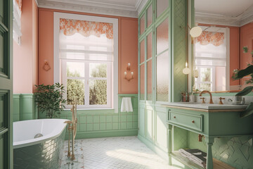 Fototapeta na wymiar Modern cozy bathroom, classic interior design with light coral, green and white colors. Super photo realistic background, generative ai illustration