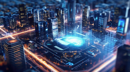 Smart city dot point connect with gradient grid line, connection technology metaverse concept. Night city banner with big data.