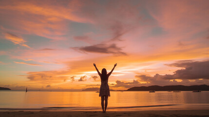Fototapeta premium Happy woman silhouette in the sunset