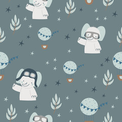 Seamless pattern with cute baby elephant and balloons, digital paper, for surface design, kids clothing, print 
