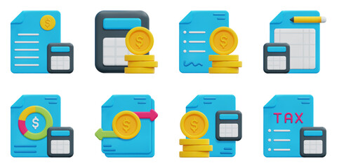 Accounting 3d vector icon set. Accounting, accounts, asset, bookkeeping, budget, finance, taxes, transaction. Isolated on white background. 3d icon vector render illustration.